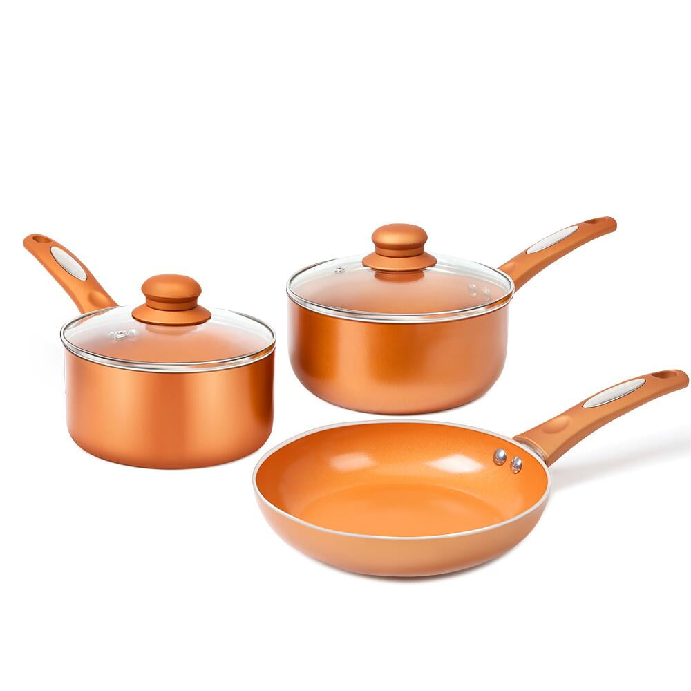 FGY Copper Pots & Pans Set 5 Pieces Cookware Set, 8 inch Fry Pan, 1qt Saucepan, 2qt Sauce Pan
