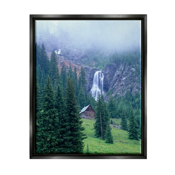 Stupell Industries Forest Cabin Waterfall Fog Landscape Photography Black Floater Framed Art Print Wall Art