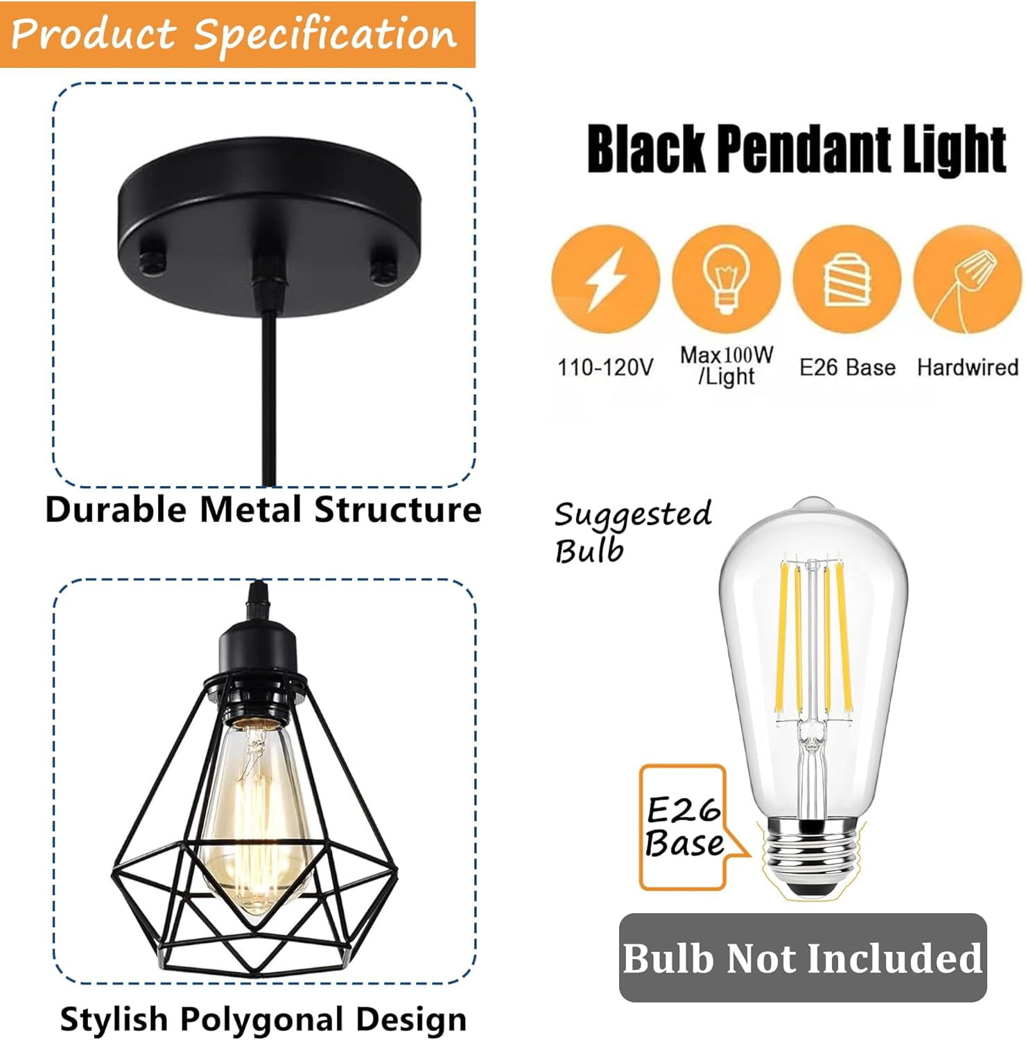 Modern Industrial Pendant Light 2 Pack Black Metal Geometric Cage E26 Hardwired Hanging Ceiling Light for Kitchen Island