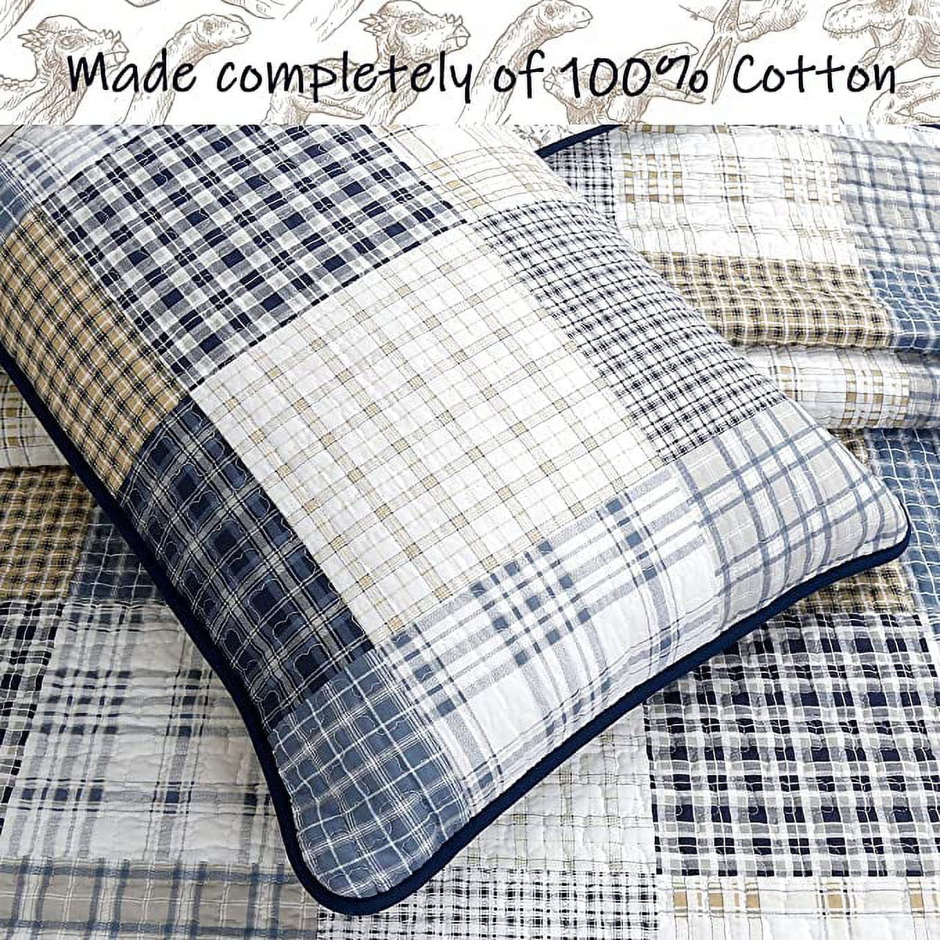 Cozy Line Benjamin Cute Dinosaur Navy Blue White Grey Plaid cotton Quilt, Twin - Reversible