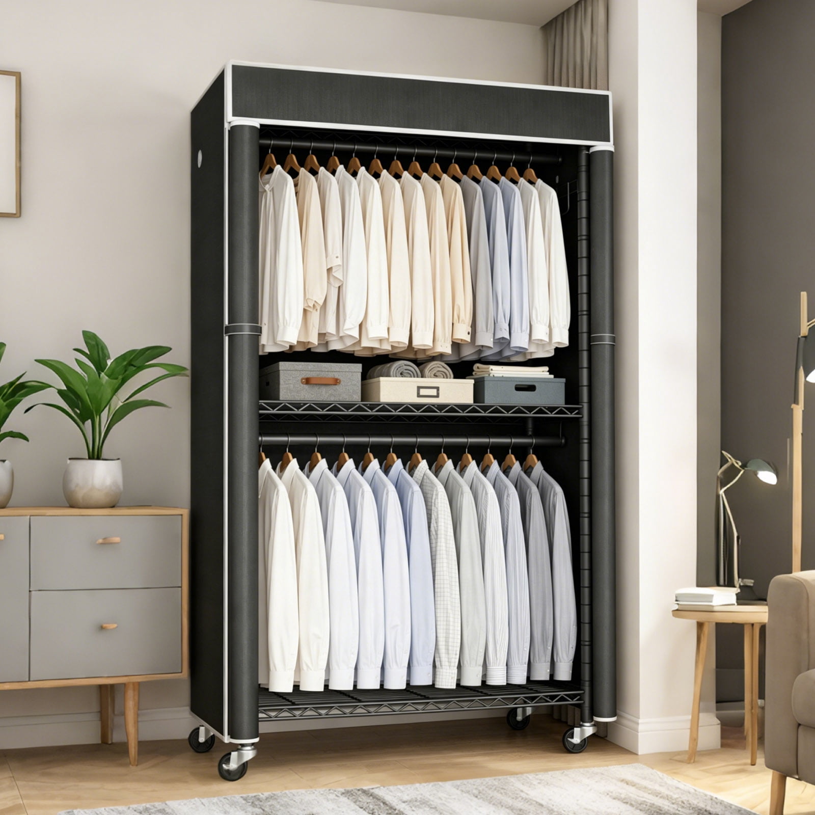 Freestanding Garment Rack with Dust Cover and Rolling Wheels, Metal Clothes Closet and Portable Wardrobe Organizer with Storage Shelf for Bedroom, Black