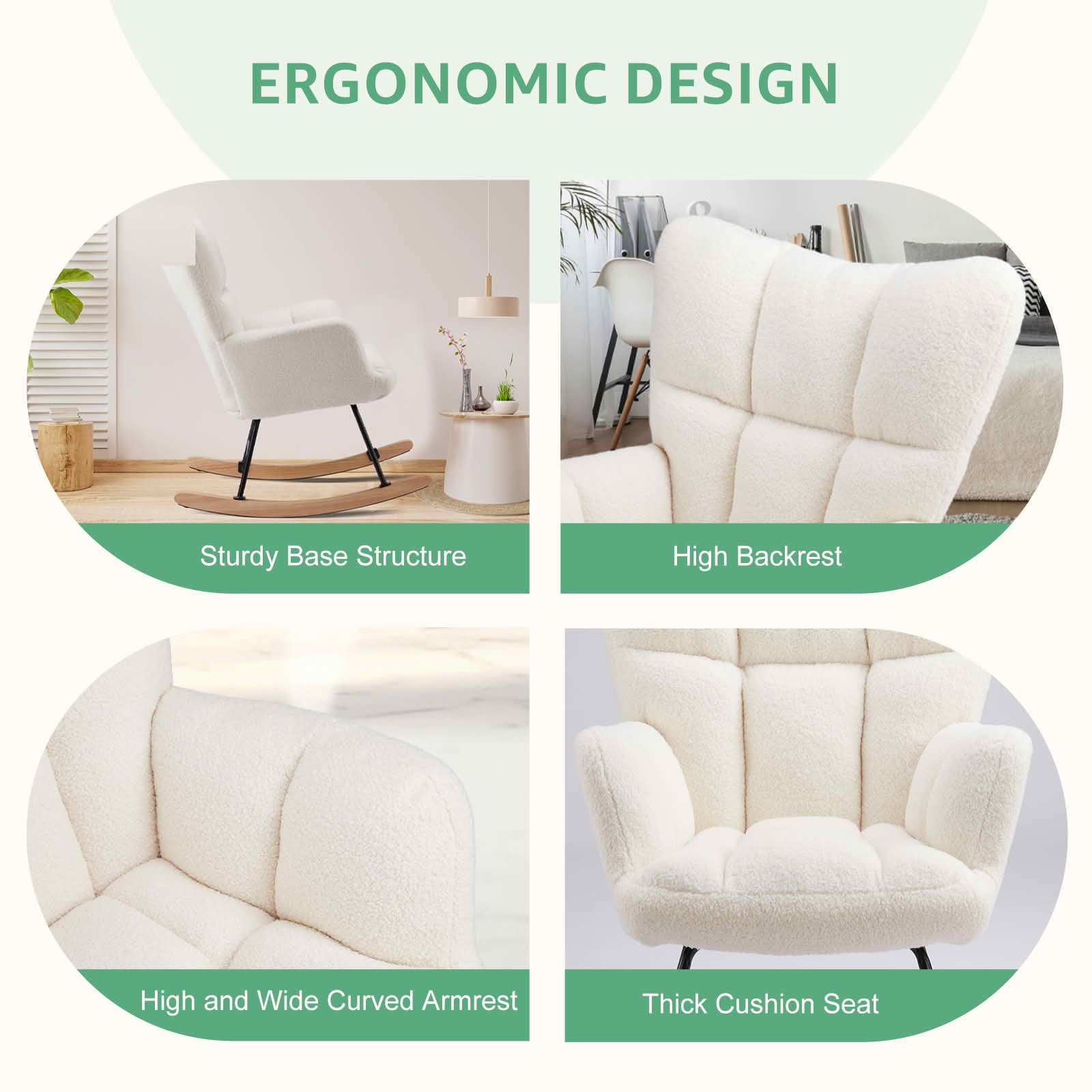 MAYEERTY Teddy Upholstered Modern Glider Rocker High Backrest Reading Chair for Nursery Bedroom Living Room