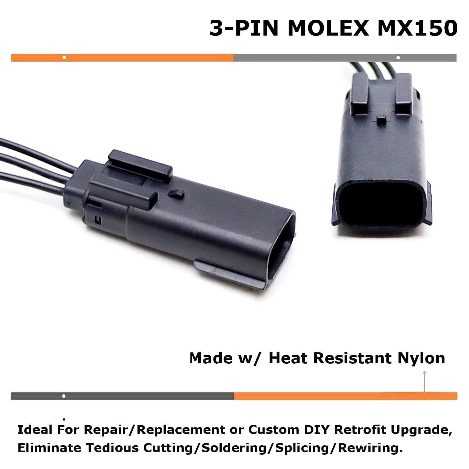 One Pair 3-Pin MX150 Male Connector Adapter w/ 5-Inch Wire Leads Pigtail, 12V 22A Multi-Purpose Electrical Connector Wire Harness