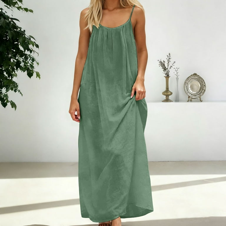 Conairie Backless Dresses for Womens Solid Color Spaghetti Strap Sleeveless Flowy Boho Maxi Dresses Long Midi Sundress with Back Tie Light Green S,