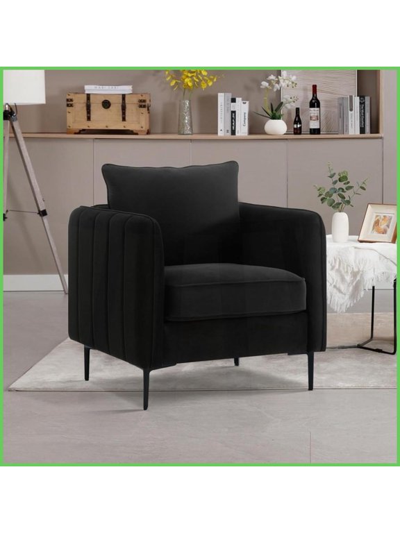Mid-Century Modern Velvet Accent Chair with Pillow - Comfy Single Sofa for Living Room, Bedroom, Office