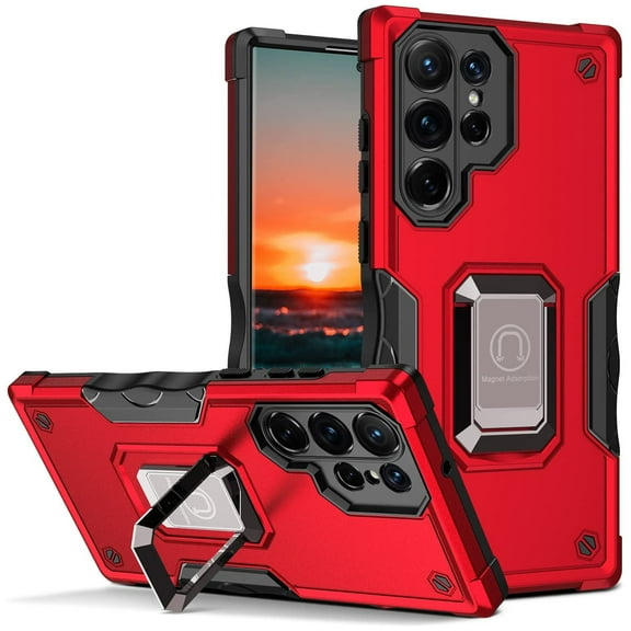 Military Grade Shockproof Hybrid Armor Case with Ring Holder for Samsung Galaxy S22 Ultra 5G - Red