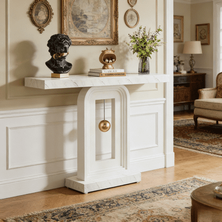 Modern Glam Console Table 39.4In Narrow Sofa Table Entryway Foyer Table with Faux Marble Top Geometric Metal Base Gold Ball Accents Hollywood Regency Art Deco Style Hallway Accent Living Room Decor