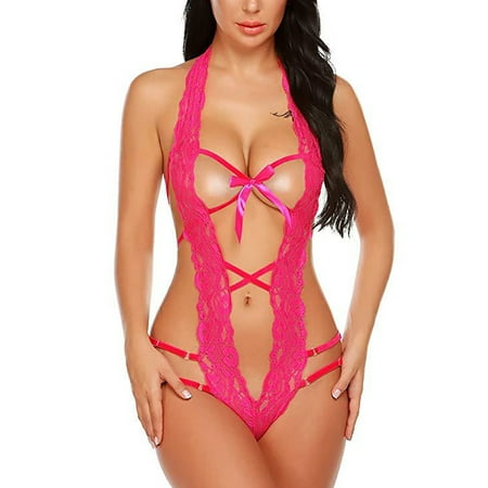 

Frontwalk Ladies Babydoll One Piece Bodysuit Lace Lingerie Women Mini Nightwear Halter Neck Sleepwear Rose Red M