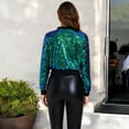 thumbnail image 5 of Women's Sequin Bomber Jacket with Striped Ribbed Trim and Zip Front- X Large, Mermaid, 5 of 6