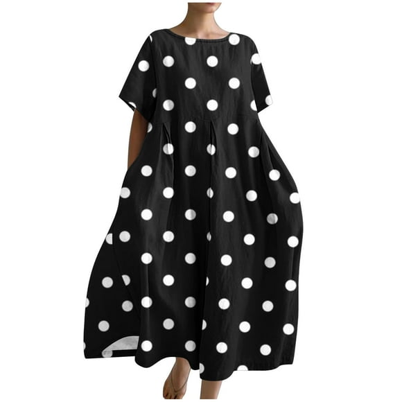 Women's Maxi Loose Cotton Linen Dress Solid Color Clearance Spring Long Sleeve Round Neck Elegant Casual Playwear Outwear Trendy Girls Black XXL