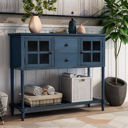 CoSoTower Sideboard Console Table With Bottom Shelf, Farmhouse Wood/Glass Buffet Storage Cabinet Living Room, Antique Navy