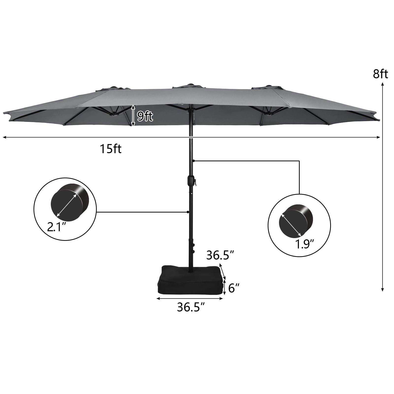 Patiojoy 15FT Double-Sided Twin Patio Umbrella with Base Extra-Large Market Umbrella for Outdoor Gray