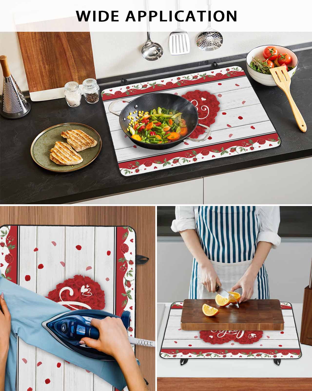 Large Induction Cooktop Protector Mat Valentine's Day Stove Top Covers for Electric Stove, Red Love Heart Roses Romantic Wooden Decorative Stove Burner Cover Mats, Glass Top Stove Cover