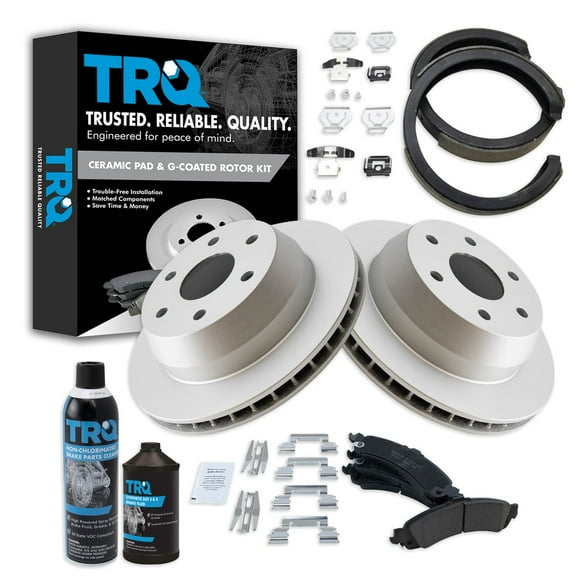TRQ Rear Brake Coated Rotor & Premium Ceramic Pad with Parking Shoe w/Chemicals BKA23677