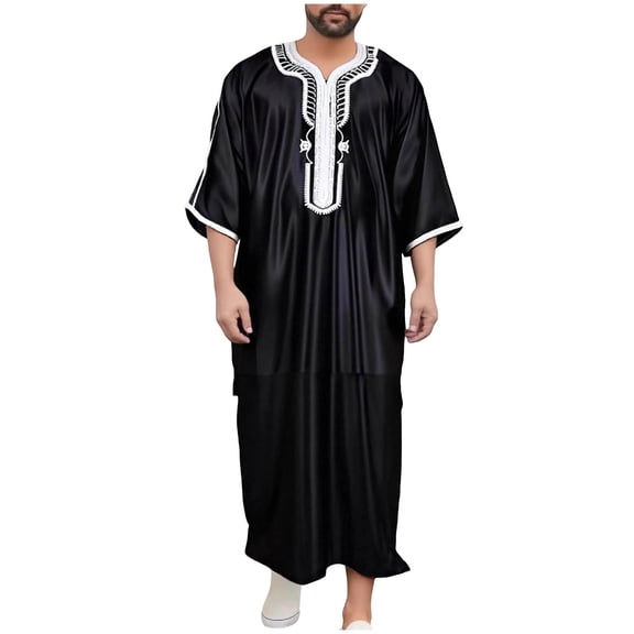 Muslim Robe for Men Arab Long Sleeve Embroidered Kaftan Islamic Arabic Abaya Thobe Ramadan Middle East Islamic Cloth Shirt Gown