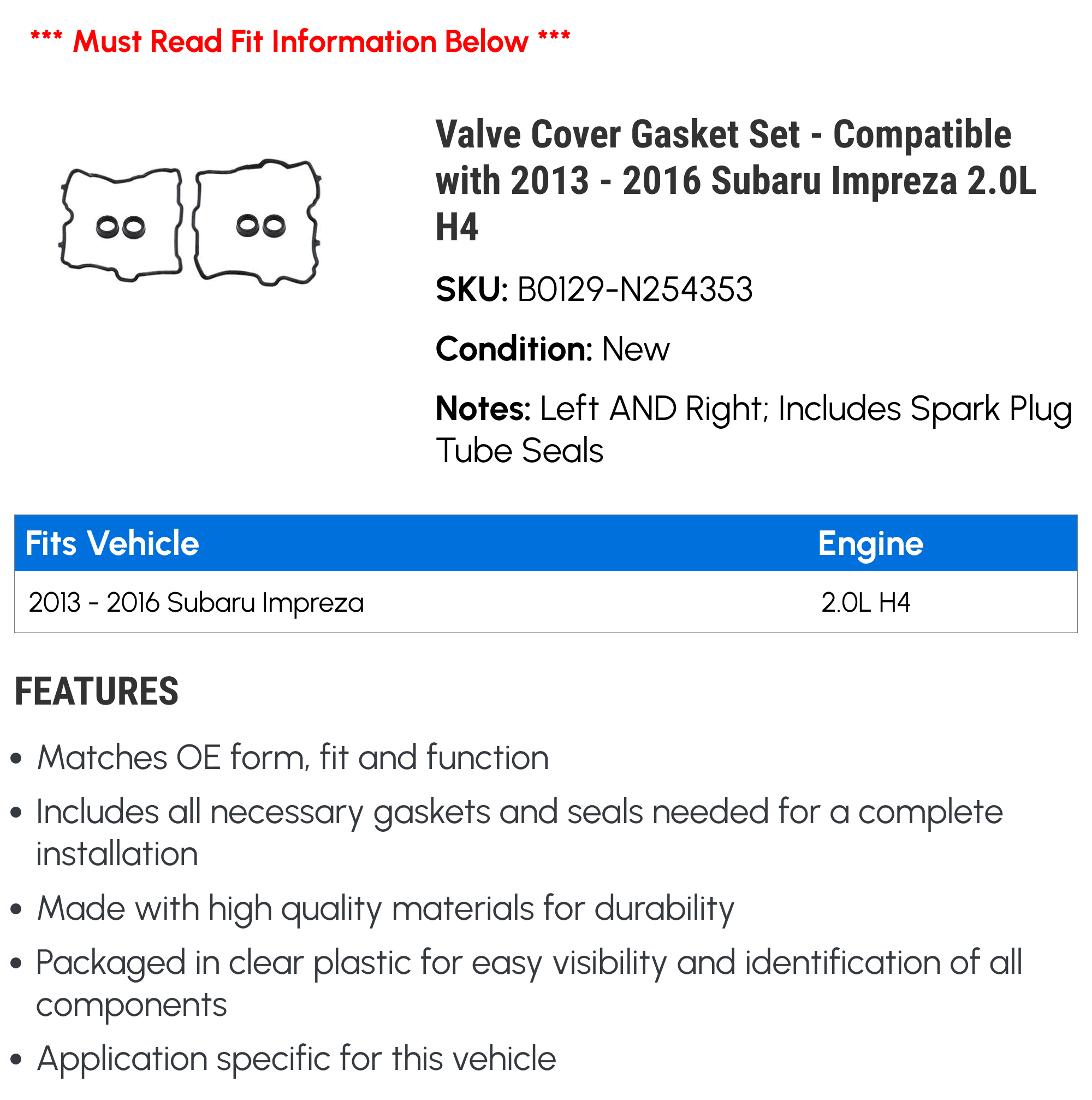 Valve Cover Gasket Set - Compatible with 2013 - 2016 Subaru Impreza 2.0L H4 - Beck Arnley