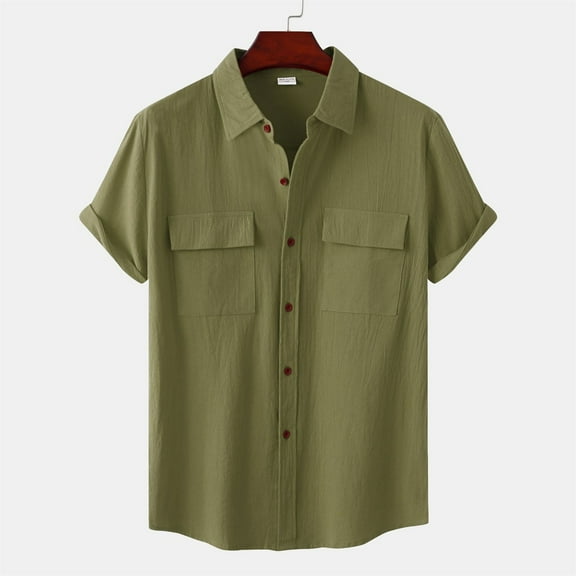 HIBRO Male Summer Hawaii Solid Shirt Short Sleeve Double Pocket Turn Down Collar Button Shirt