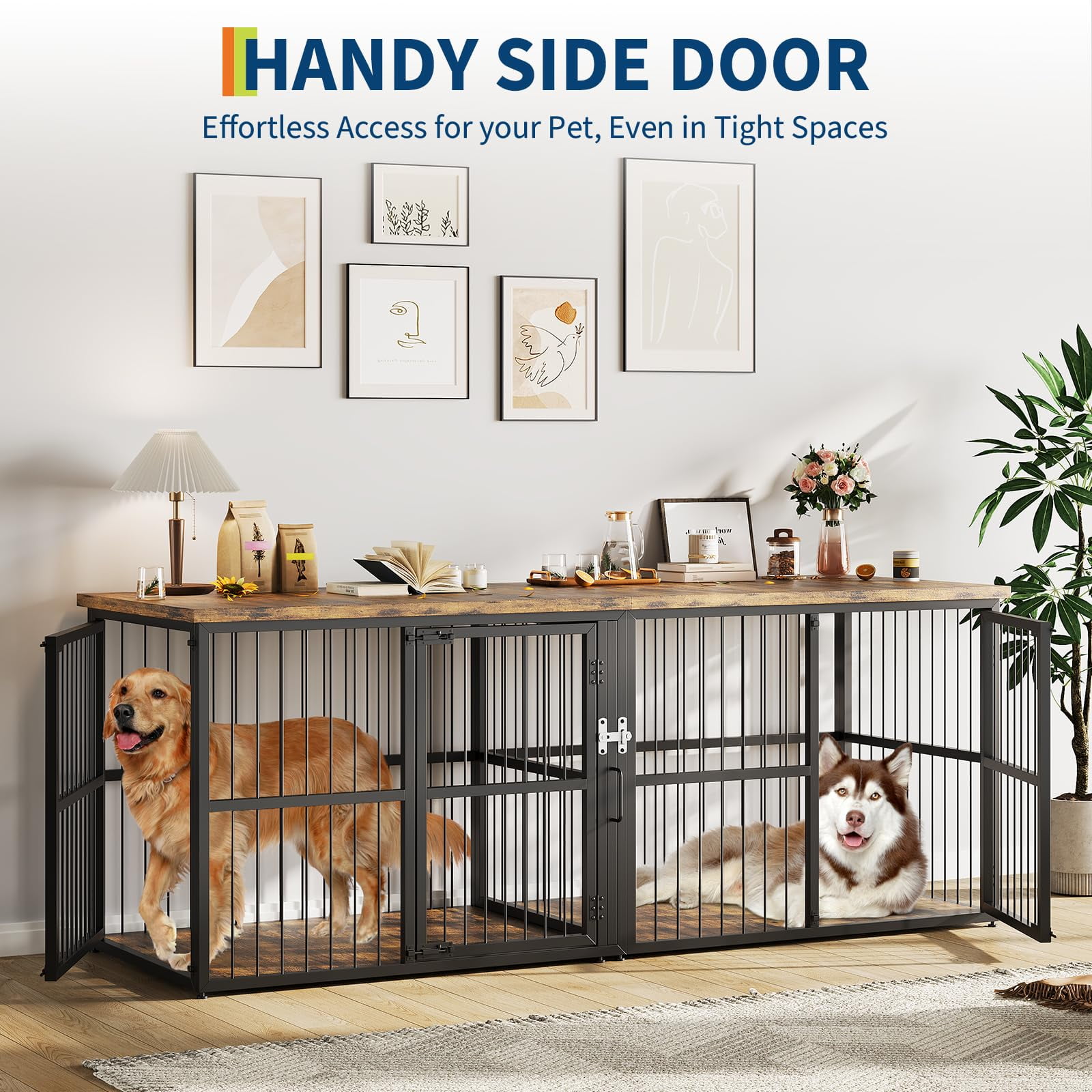 Extra Large 87" Double Dog Crate with Divider – Heavy Duty Wooden Kennel TV Stand with 3 Lockable Doors for 2 Dogs, Suitable for Small, Medium, or Large Dogs, Black
