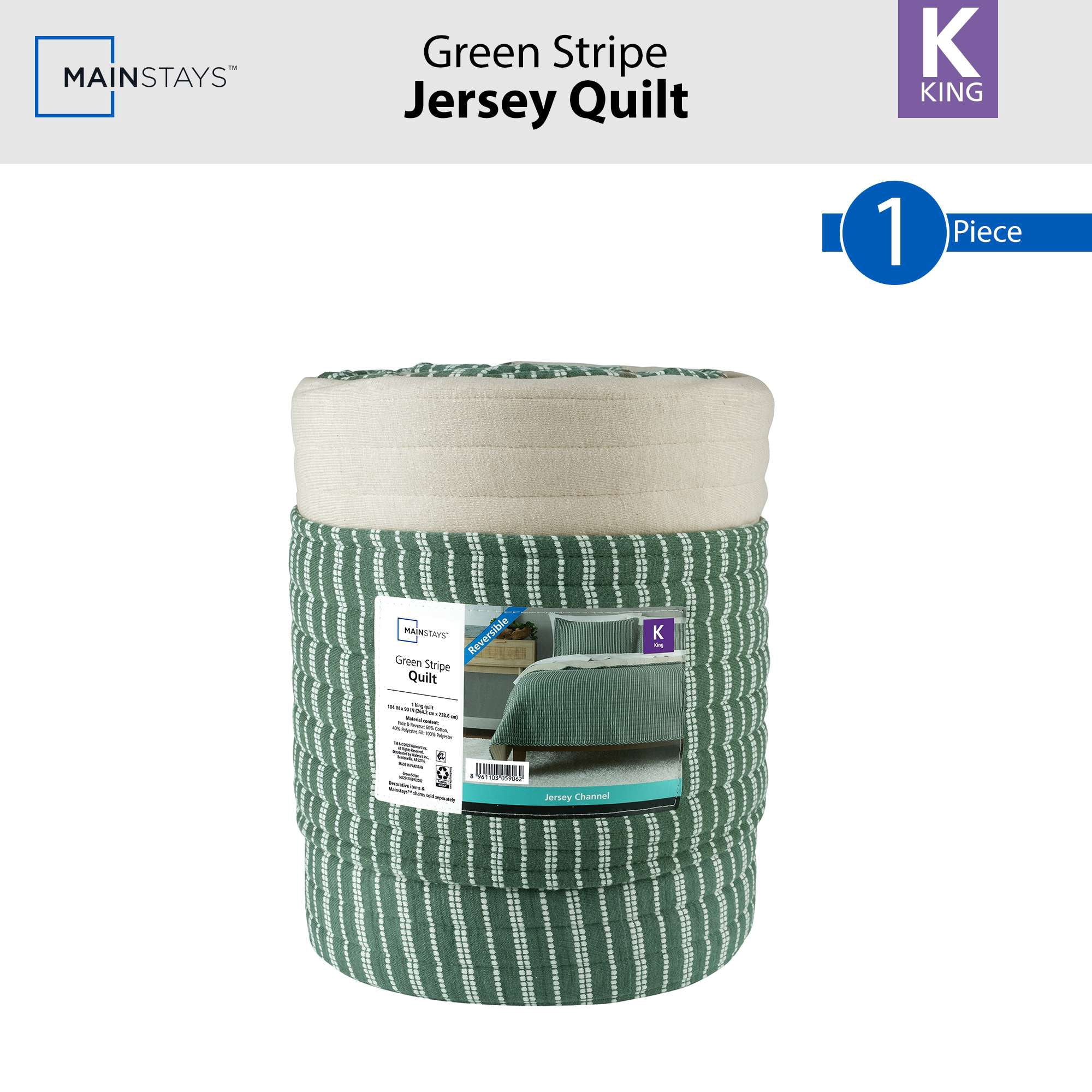 Mainstays Jersey Quilt Bedding Green Striped Cotton, Polyester Jersey Knitted Weave, King - Reversible, Breathable