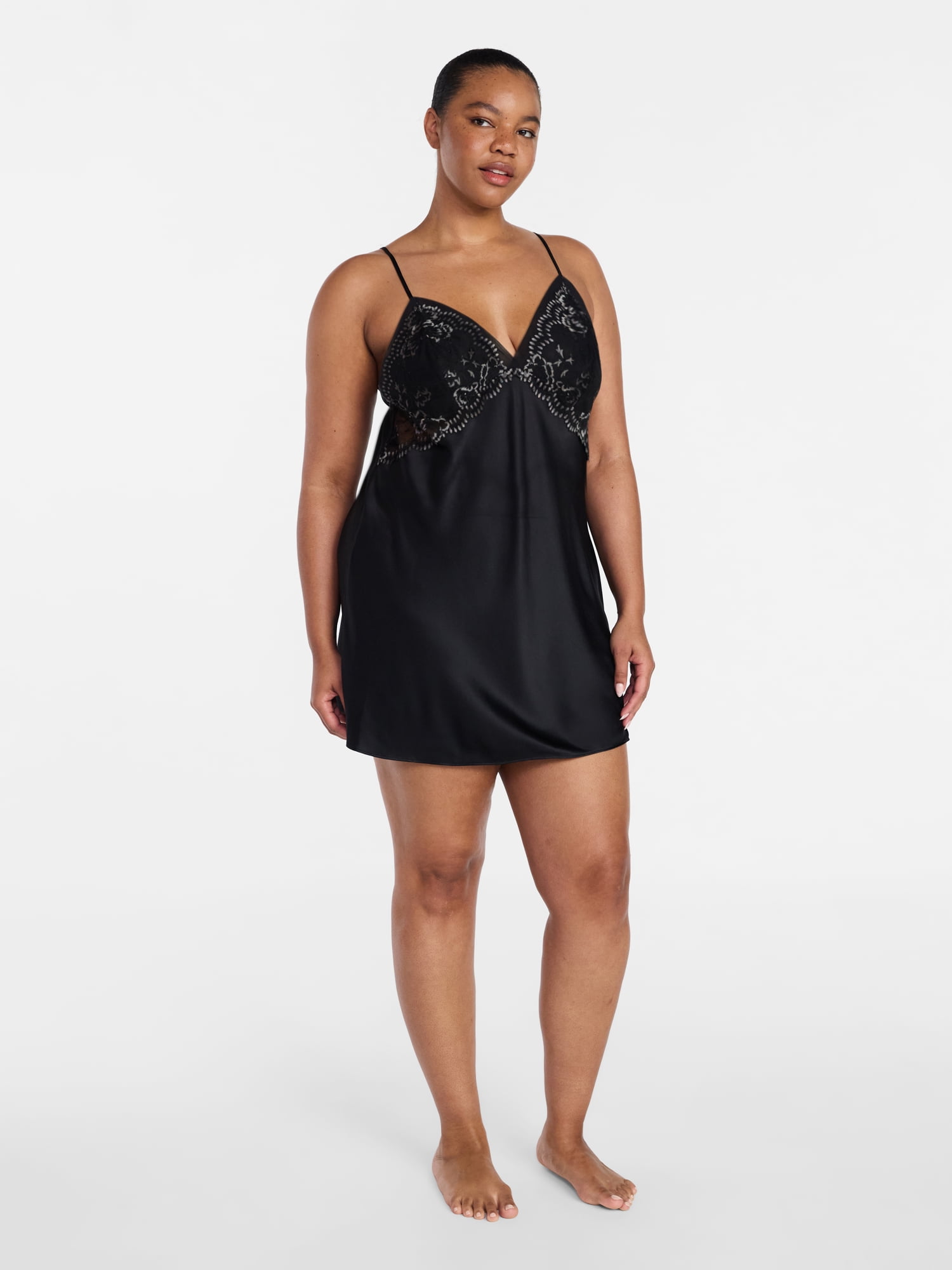 Joyspun Women’s Lace Trim Satin Chemise, Sizes S to 3X