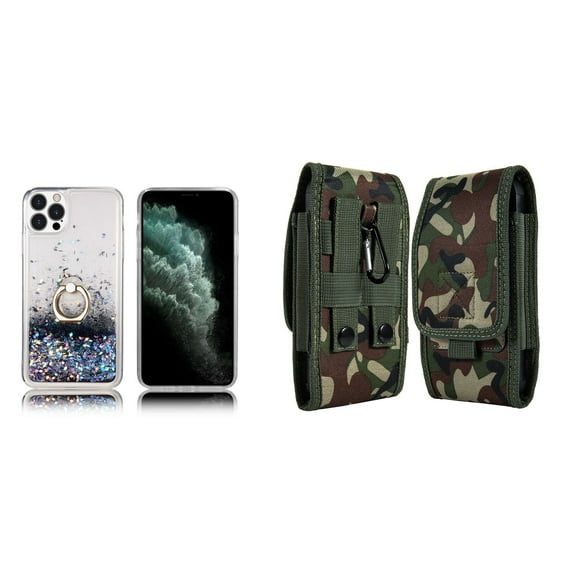 Waterfall Liquid Glitter Stand Case and Belt Holster Pouch for iPhone 14 Pro (Black/Jungle)