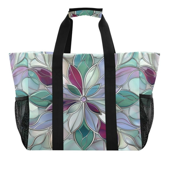 Reusable Grocery Bags with Handle Side Pocket Waterproof Shopping Portable Tote Violet Red Floral Stained Glass