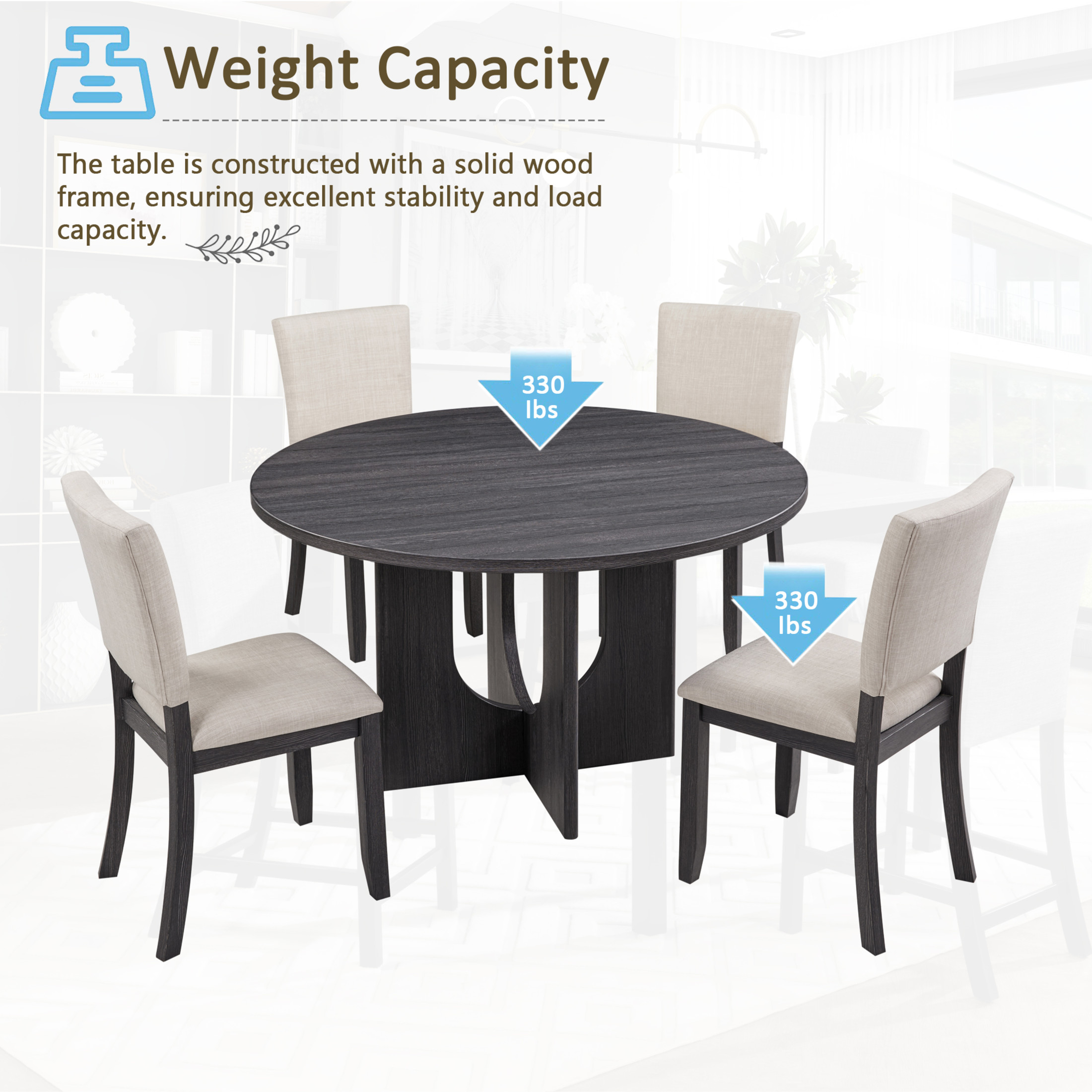 Noble House 47.3" Round Dining Table with Upholstered Chairs, Modern 5-Piece Dining Set, Antique Black+Beige