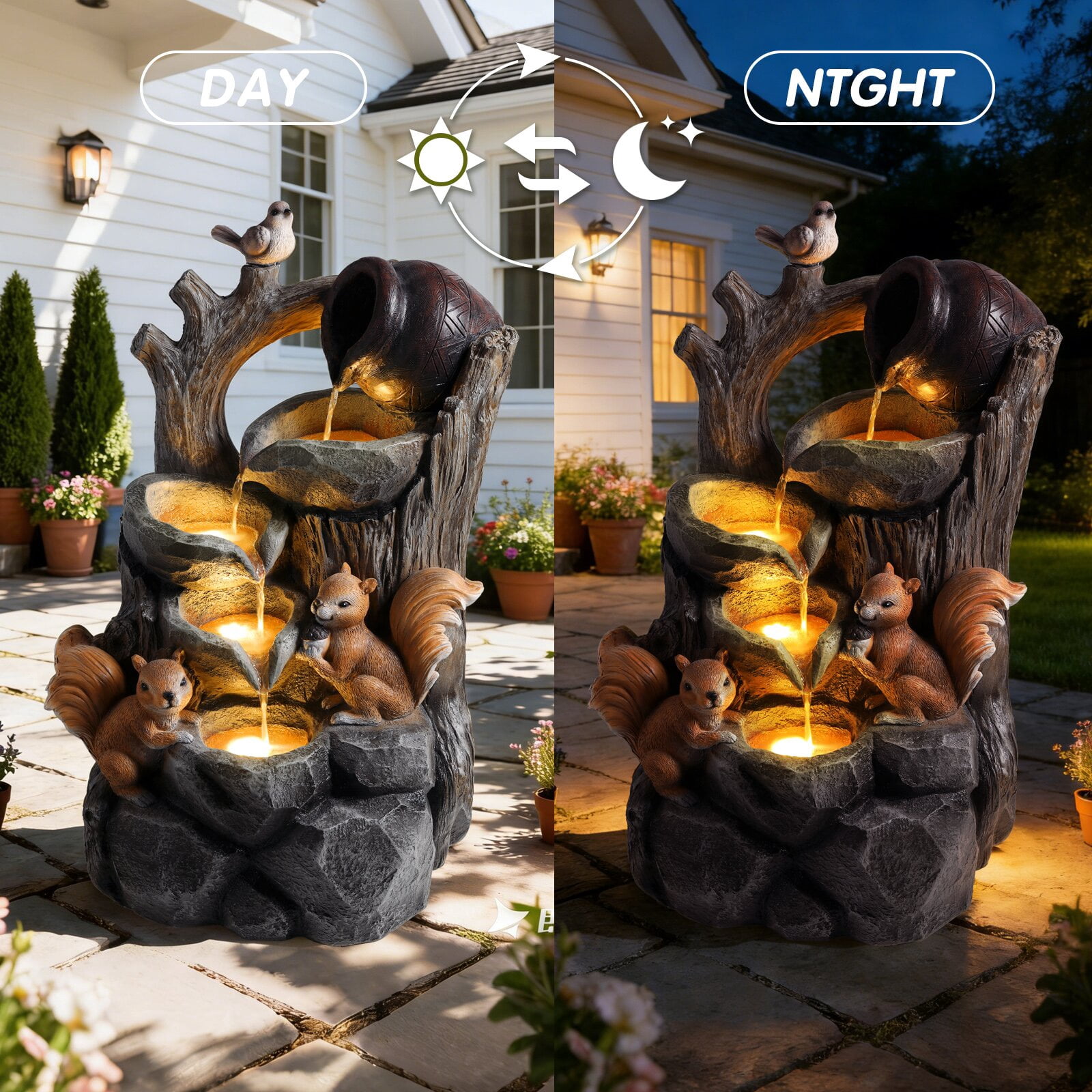 Alukang Outdoor Squirrel Waterfall Fountain with Lights Water Fountains Garden Decoration Resin Tree Stump Pouring Jug for Patio Yard Porch, Gray