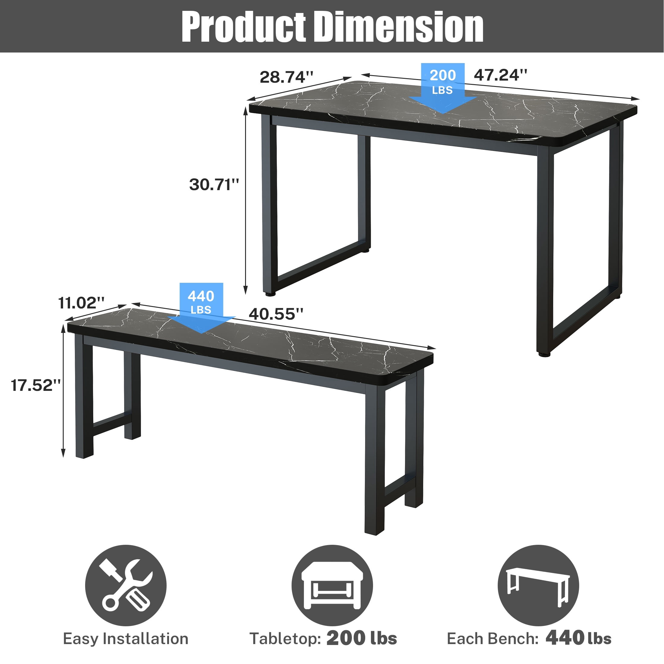 PAPROOS Dining Table Set for 4, 3-Piece Kitchen Table Set with 2 Benches, Dining Room Table Set with Metal Frame, Breakfast Nook Furniture Set for Home Cafeteria Bar Dining Room, Black