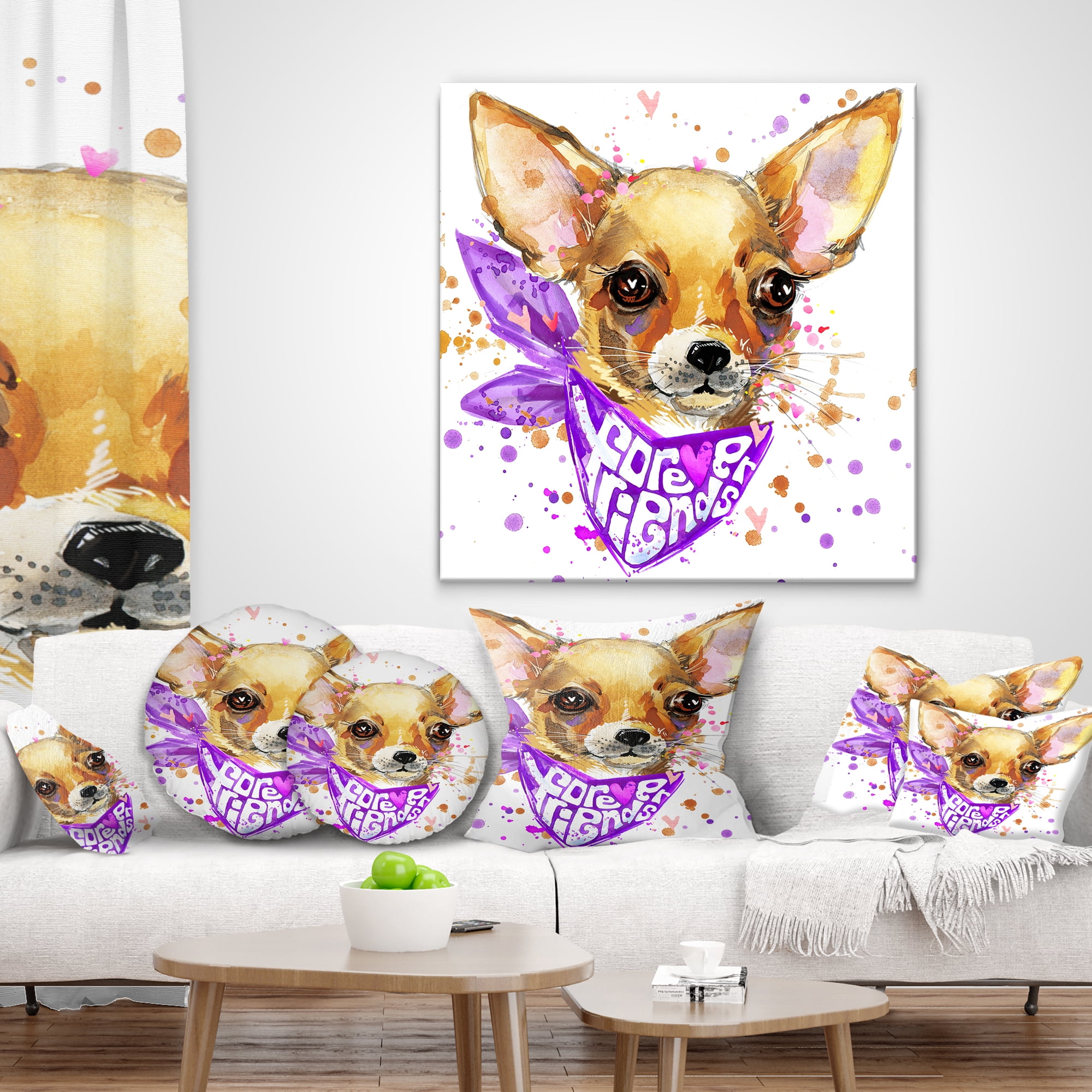 Designart Cute Puppy Dog with Neck Shawl - Contemporary Animal Throw Pillow - 18x18
