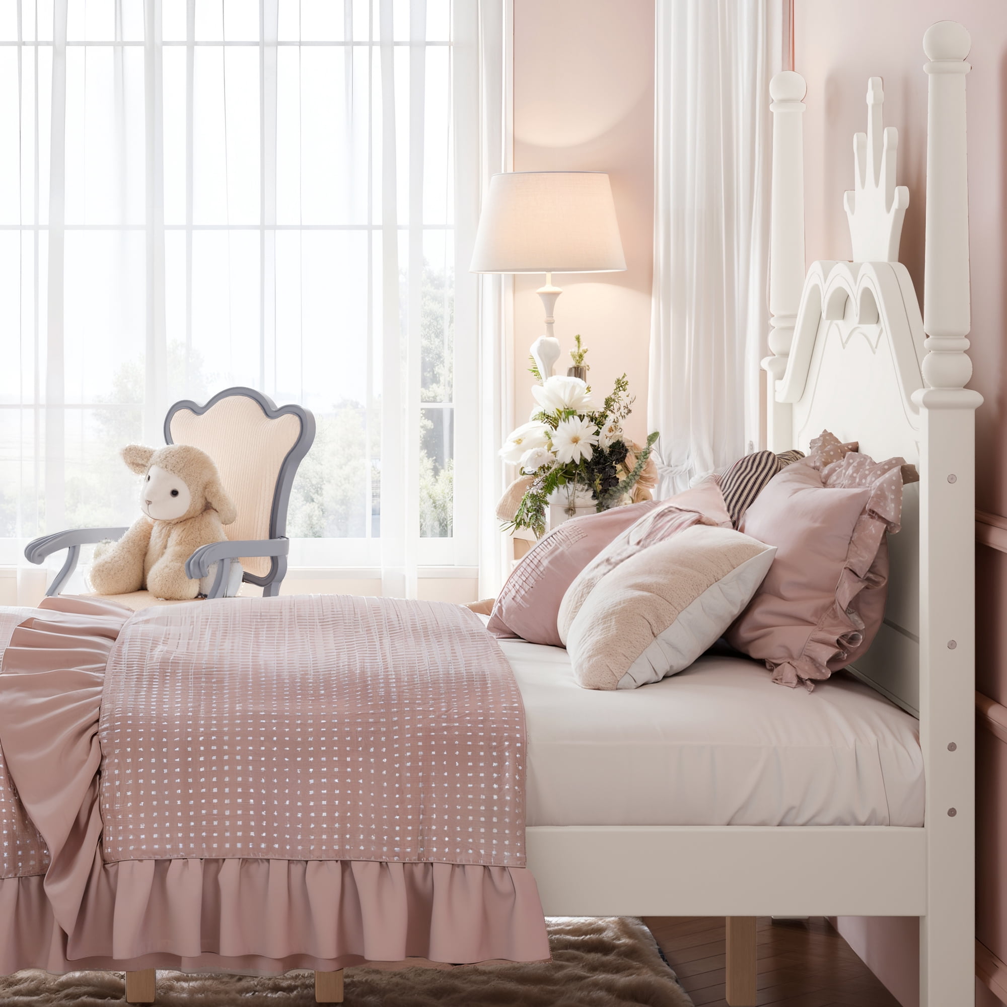 GARITIN Full Size Crown Shaped Platform Bed, Four Poster Wooden Bed Frame, Elegant Curved Headboard Bed Frame for Bedroom Guest Room, Beige