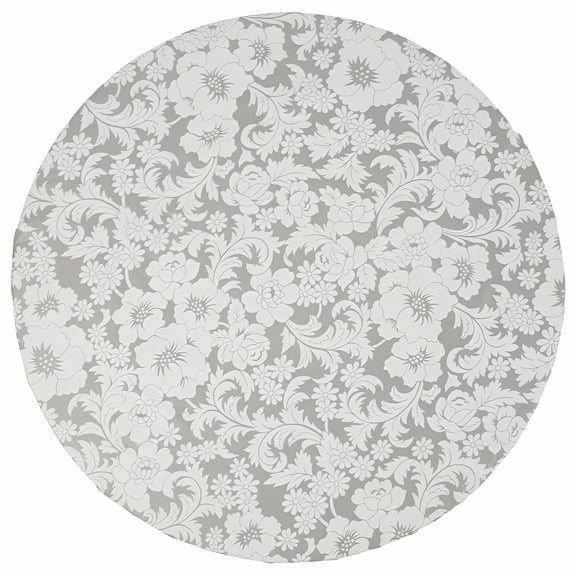 AUQ Indoor Outdoor Patio Round Fitted Vinyl Tablecloth,Flannel Backing,Elastic Edge,Waterproof Wipeable Plastic Cover in Gray Chrysanthemum Pattern for 5-Seat Table of 37-43’’ Diameter