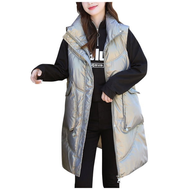 Gibobby Chaleco largo mujer, Chaleco acolchado para mujer, chamarra larga de invierno, talla grande, chamarra sin mangas, chamarra cálido(Azul,G)