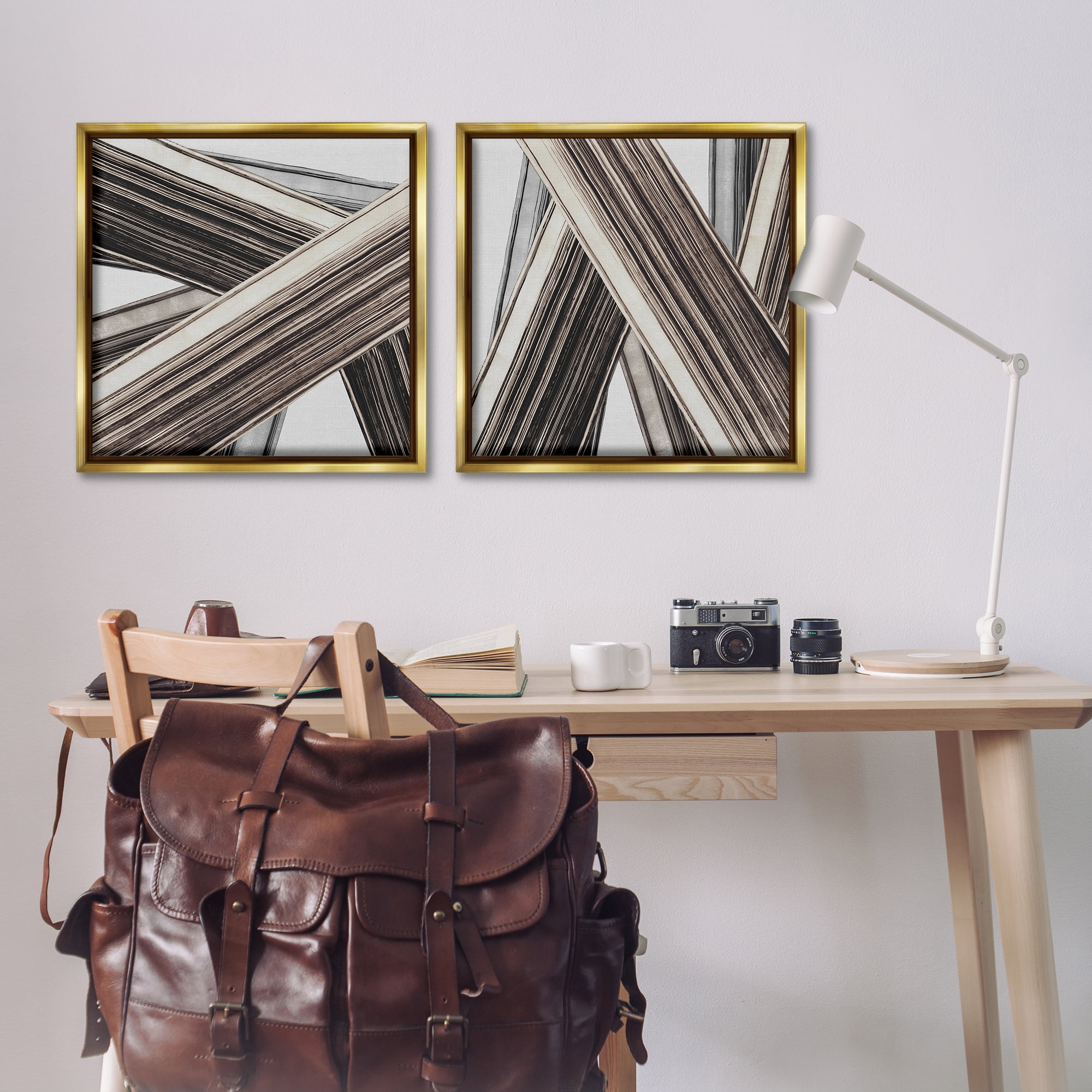 Stupell Industries Industrial Linear Crisscross Abstract Painting Gold Floater Framed Canvas Art Print Wall Art, 25 x 25, Set of 2