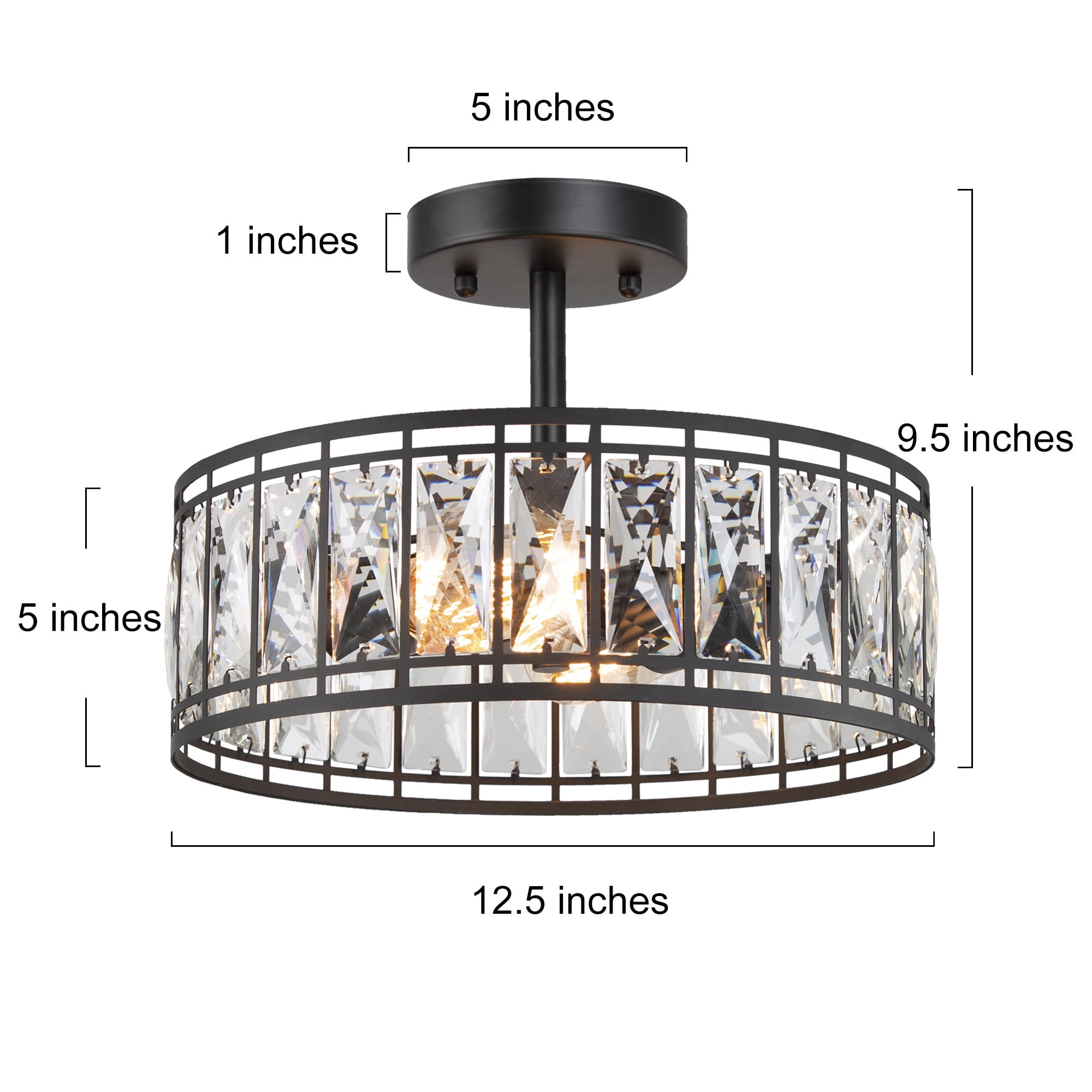 LNC 2-Light Matte Black Crystal Semi-Flush Mount Ceiling Light, Modern Drum Ceiling Light Fixture for Bedroom, Hallway, Entryway and Foyer