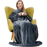 Winthome Wearable Blanket with Sleeves Adults, Warm Cozy, Lightweight TV Throw for Full Body with Hook and Loop Fastener, Elastic Cuffs, Grey, 55.1"X66.9"