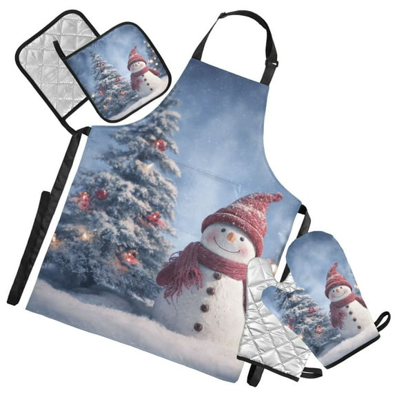 Snowman Beside Christmas Tree Apron Set with Oven Mitts Pot Holders Set of 5 Kitchen Stuff Accessories