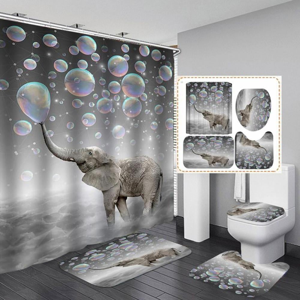 4Pcs Elephant Bathroom Rug Set Shower Curtain Non Slip Toilet Lid Cover Bath Mat 
