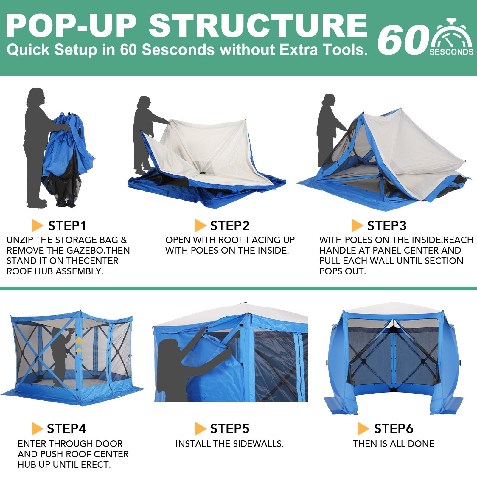 HOTEEL 10x10ft Camping Gazebo Screen Tent, 5 Sided Pop-up Canopy Shelter with Mesh Windows, Portable Carry Bag, Stakes, Waterproof, UV 50+, Large Shade Tents for Outdoor Camping, Backyard, Blue