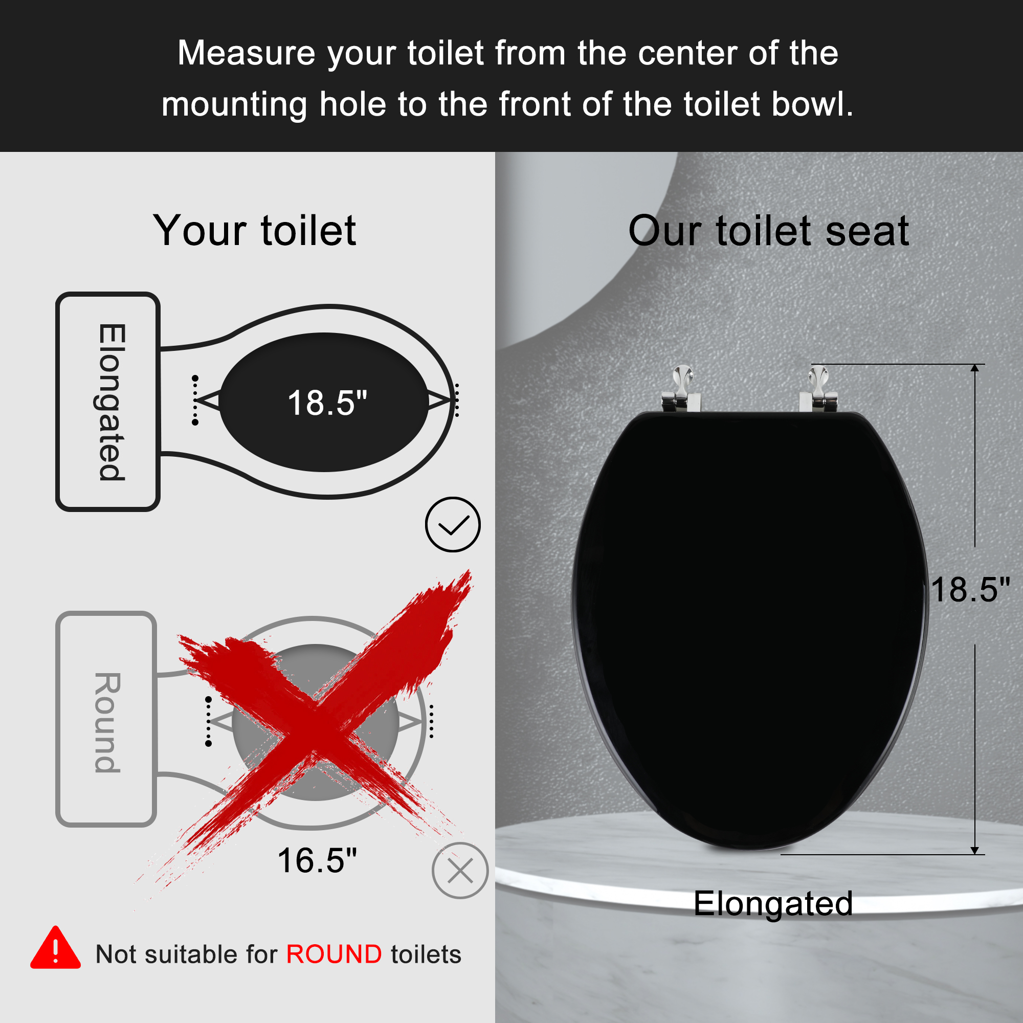 Angol Shiold Wood Elongated Toilet Seat, Black Toilet Seat, Easy Clean, Metal Hinges ( Elongated 18.5'', Black )