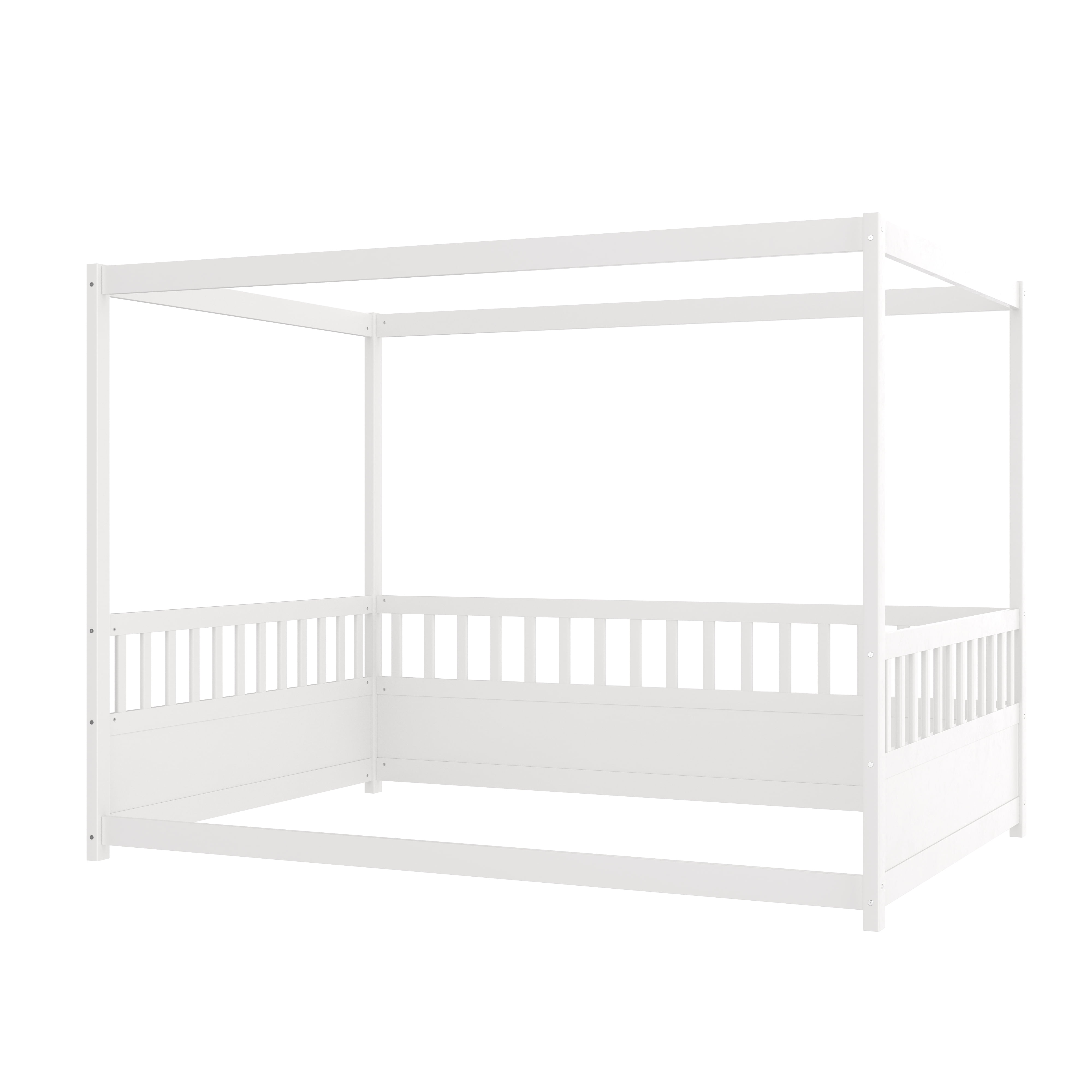 Canopy Bed Frame with Guardrails for Kids, Full Size Floor Bed with Four Poster Design, White Pine Wood Montessori Bed, Low Profile Floor Bed with 21.45-Inch Guardrail