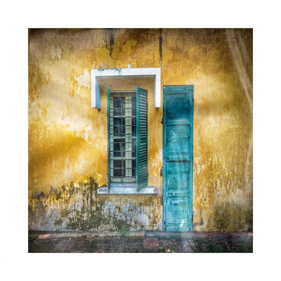 Abandoned Decorative Satin Napkins Set of 4, Outside View of Deserted House with Details in Vietnam Grungy Yellow Wall, Square Fabric Party & Dinner Napkin, 12", Yellow Teal Green, by Ambesonne