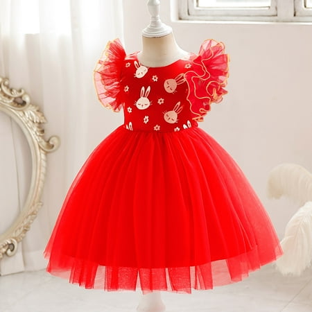 

B91xZ Girls Spring Dress Child Girls Fly Sleeve Lace Pageant Dress New Year Party Kids Embroidered Tulle Gown Princess Red Size 3-4 Years