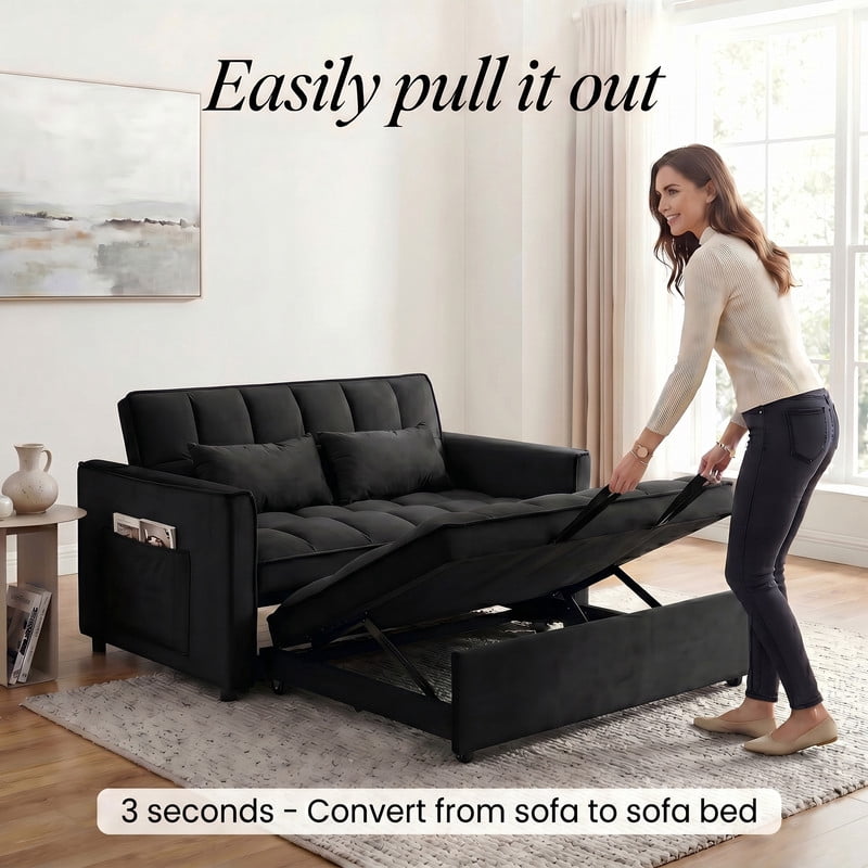 Gewnee 55" Sofa Bed, Convertible Sleeper Sofa & Pull Out Couch, 3-in-1 Velvet Loveseat with Adjustable Backrest and Storage Pocket, Black