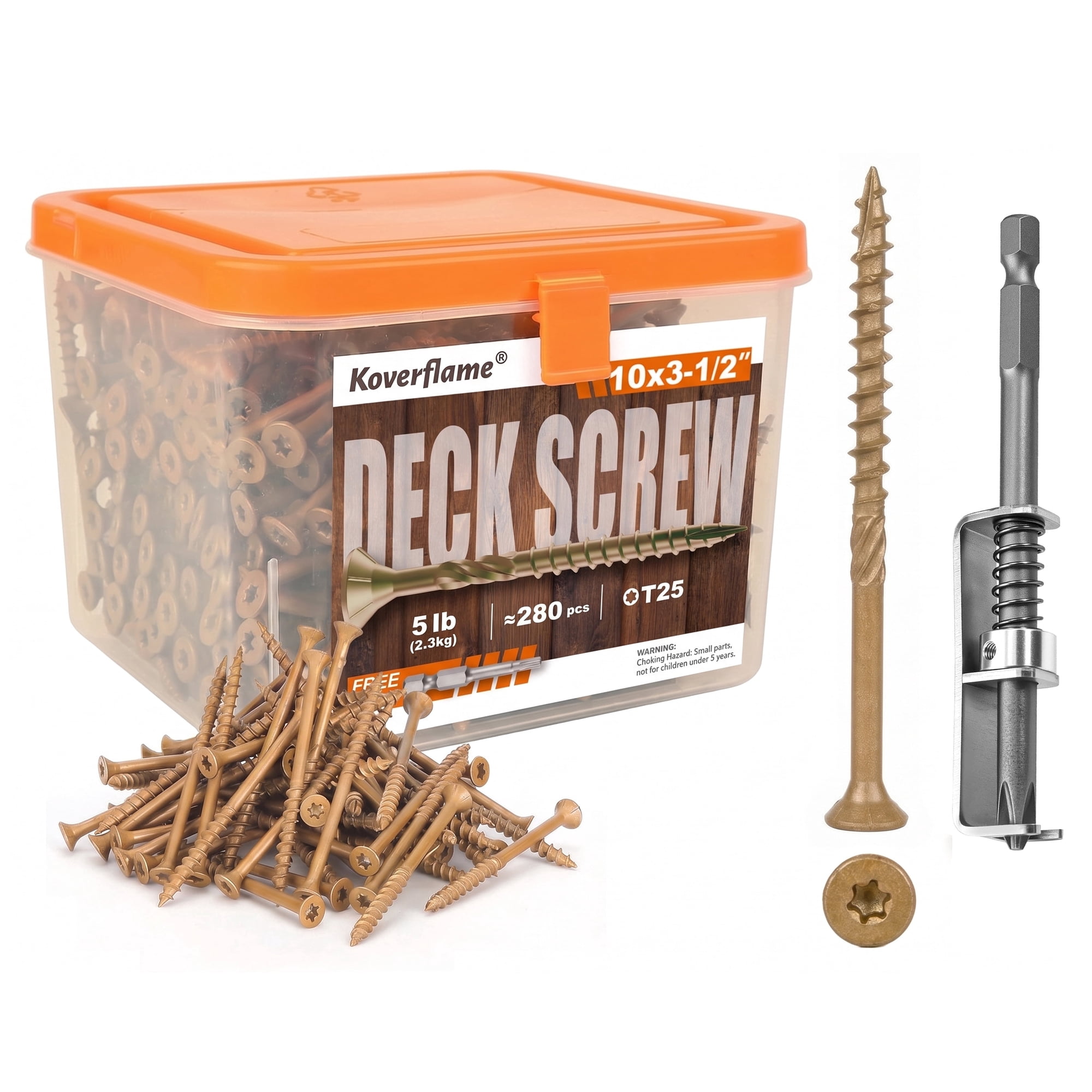 Koverflame #10 x 3-1/2 in Deck Screws, 5 lb Box, Brown Epoxy Coated Exterior Wood Screws with One-Hand Operation T25 Bit and Holder