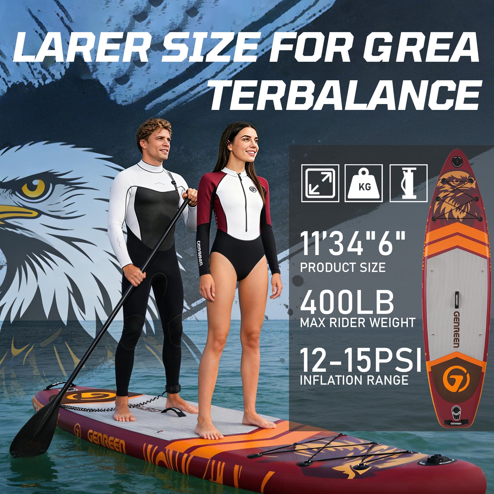 Genreen 11ft Inflatable Stand Up Paddle Board (SUP), 6 Inch Thick Non-Slip Fishing Paddle Board with Full Premium SUP Accessories