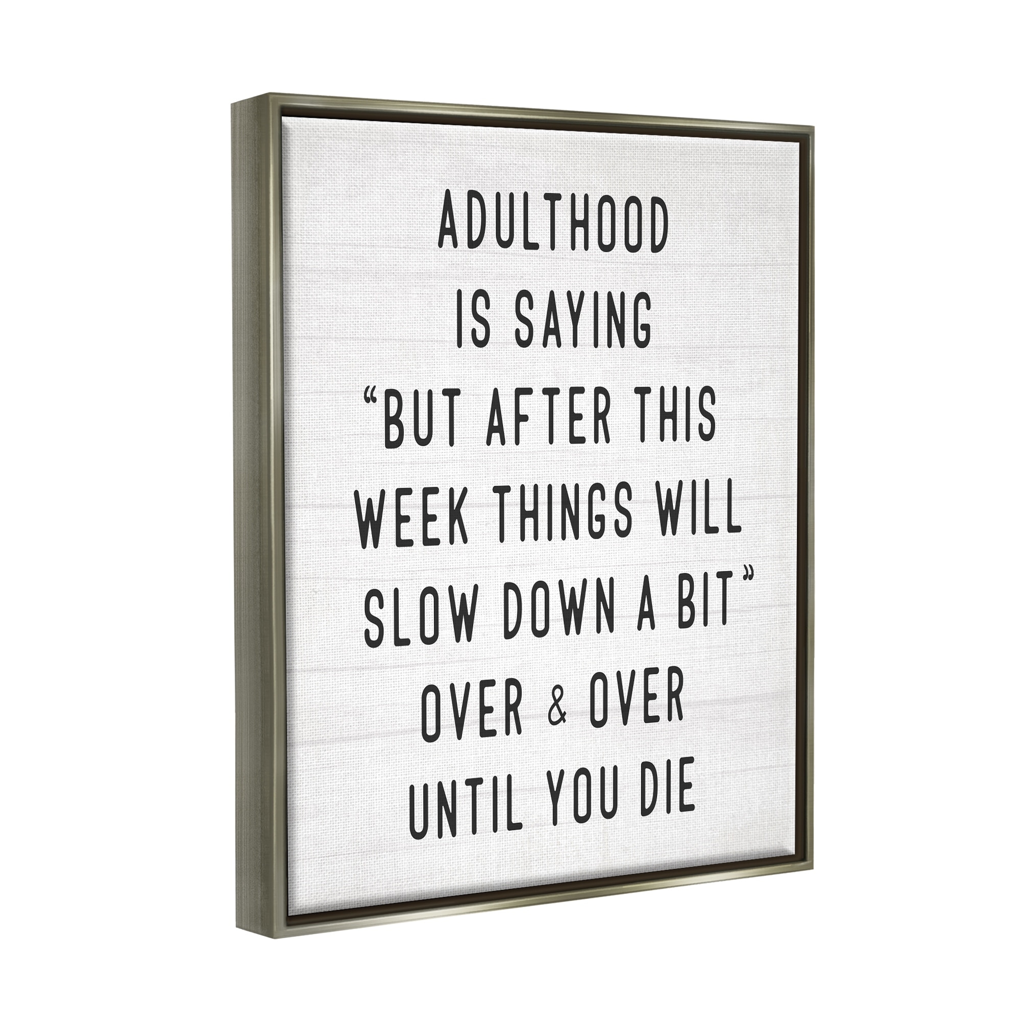 Stupell Industries Amusing Busy Adulthood Typography Plank Pattern Humor Graphic Art Luster Gray Floating Framed Canvas Print Wall Art, Design by Daphne Polselli