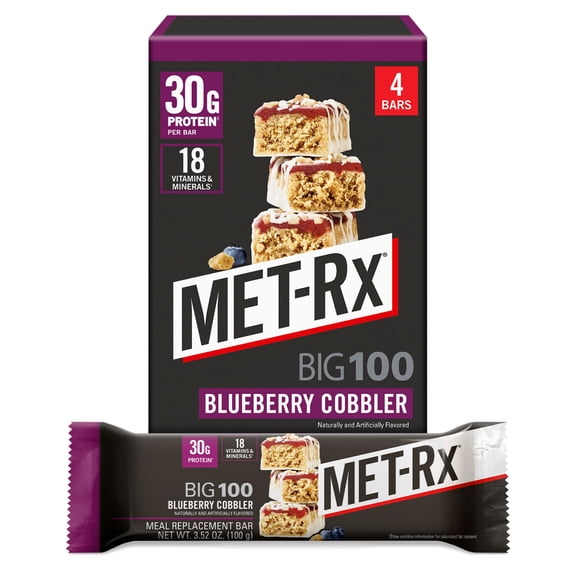 MET-Rx Big 100 High Protein Meal Replacement Bars, Blueberry Cobbler, 30g Protein, 3.52 oz, 4 Count