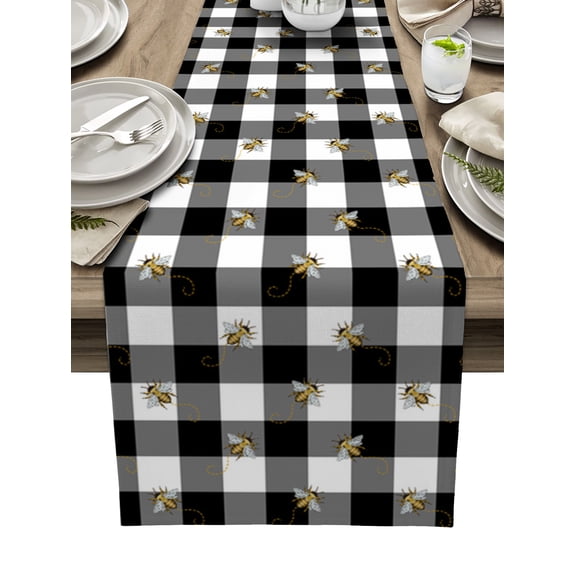 Table Runner Dresser Scarf 13 x 70 Inch Bees Black White Buffalo Plaid Table Runners Non-Slip Heat Kitchen Dining Table Decor for Kitchen Farmhouse Indoor Outdoor Home Party