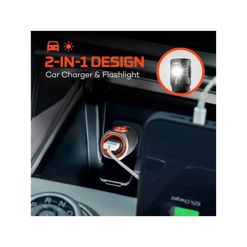 NEBO Transport 400 Lumen 2-in-1 Compact, Rechargeable Flashlight with Car Charger to Power USB-A Devices